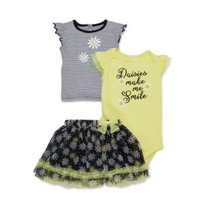 Wonder Nation Baby Girl T-shirt, Bodysuit & Tutu Skirt, 3pc Outfit Set.